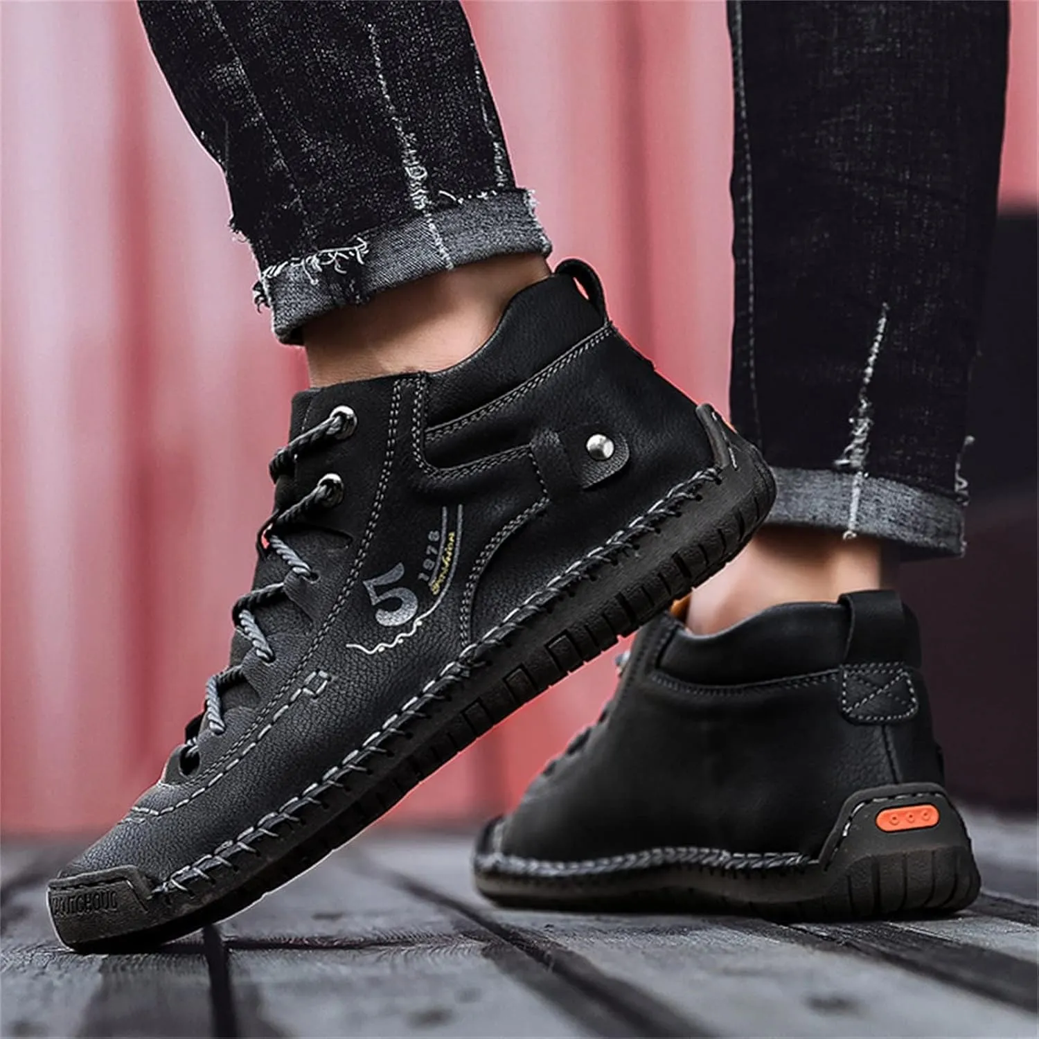 Hiking Casual Boots for Men Fashion High-Top Leather Motorcycle Shoes Lace up Slip on Loafers Mid Top Walking Sneakers