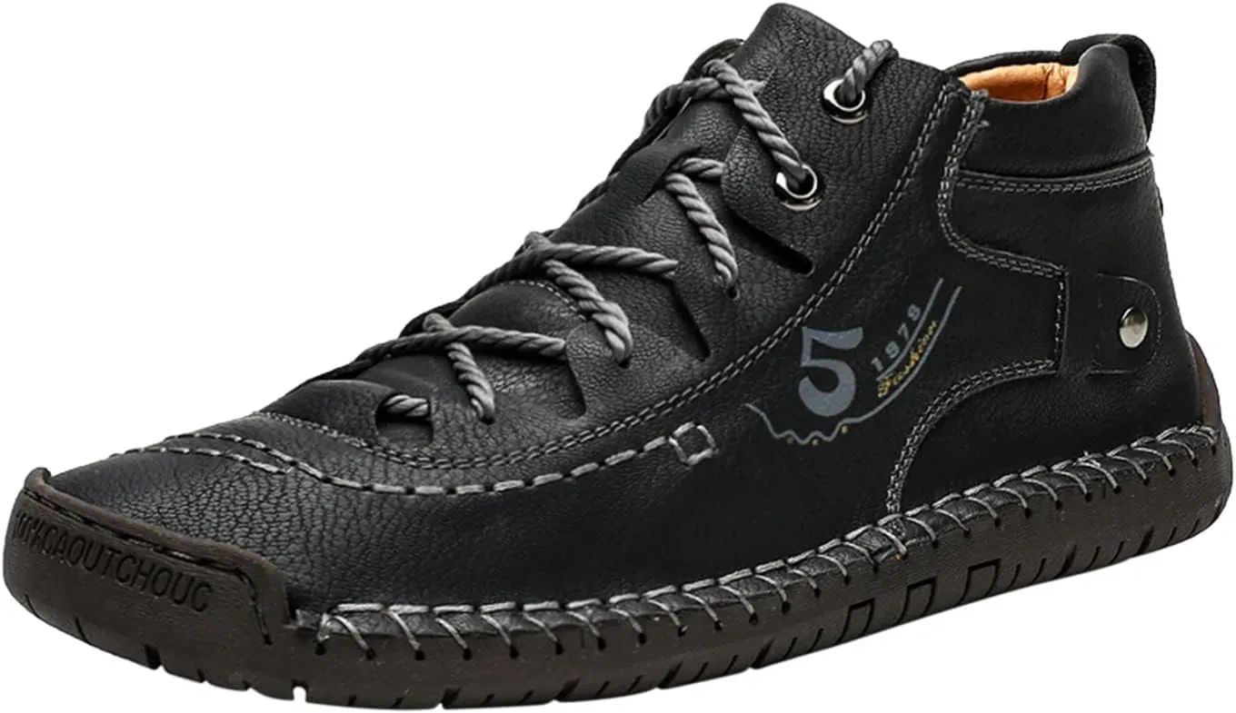 Hiking Casual Boots for Men Fashion High-Top Leather Motorcycle Shoes Lace up Slip on Loafers Mid Top Walking Sneakers