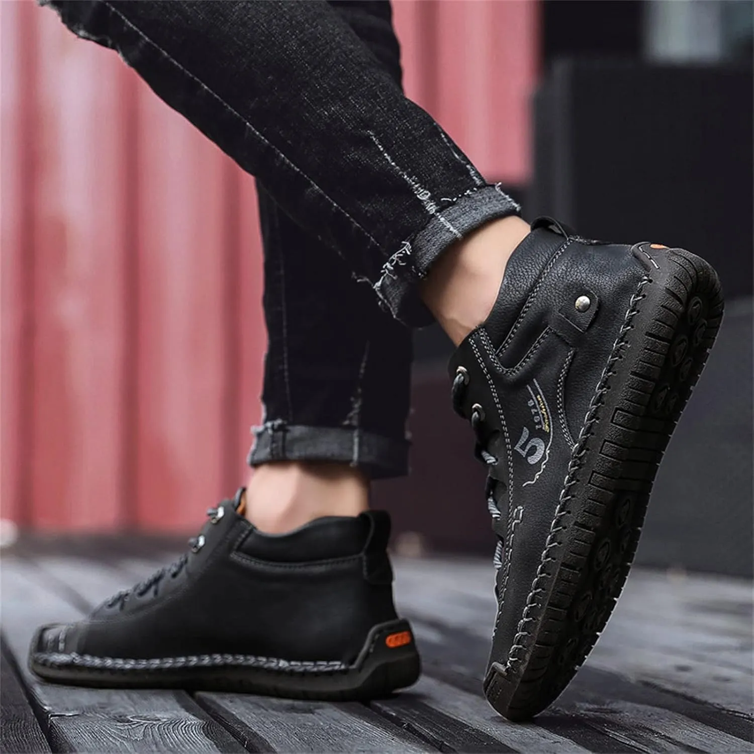 Hiking Casual Boots for Men Fashion High-Top Leather Motorcycle Shoes Lace up Slip on Loafers Mid Top Walking Sneakers