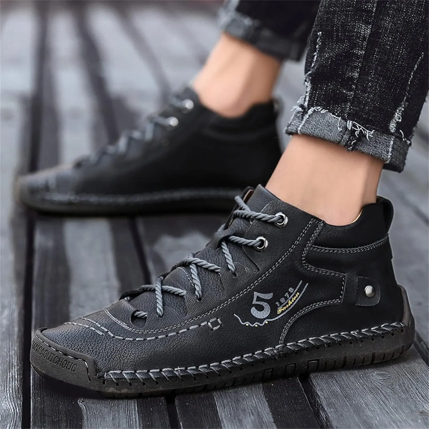 Hiking Casual Boots for Men Fashion High-Top Leather Motorcycle Shoes Lace up Slip on Loafers Mid Top Walking Sneakers