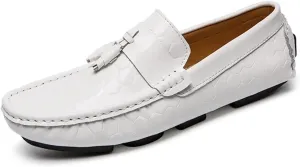 HOOENG Driving Moccasins Smoking Loafer for Men Genuine Leather Round Toe Tassel Patent Leather Hexagon Embossed Comfortable Resistant Flat Heel Soft Casual (Color : White, Size : 8.5)