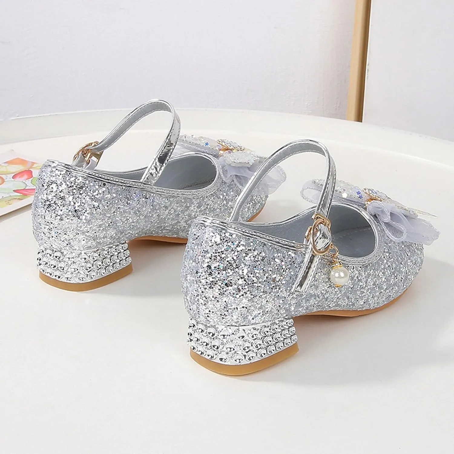 IWIHMIV Girls Brown Dress Shoes Comfortable Chunky Low Heels Ankle Strap Party Wedding Girls Princess Dress Up Shoes