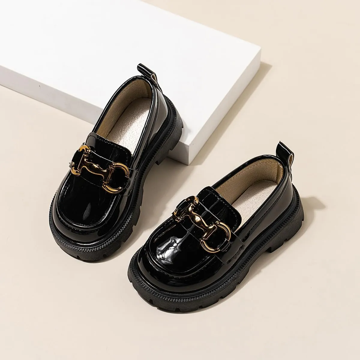 Kids Patent Leather Loafers, Horsebit Buckle Dress Shoes, Black