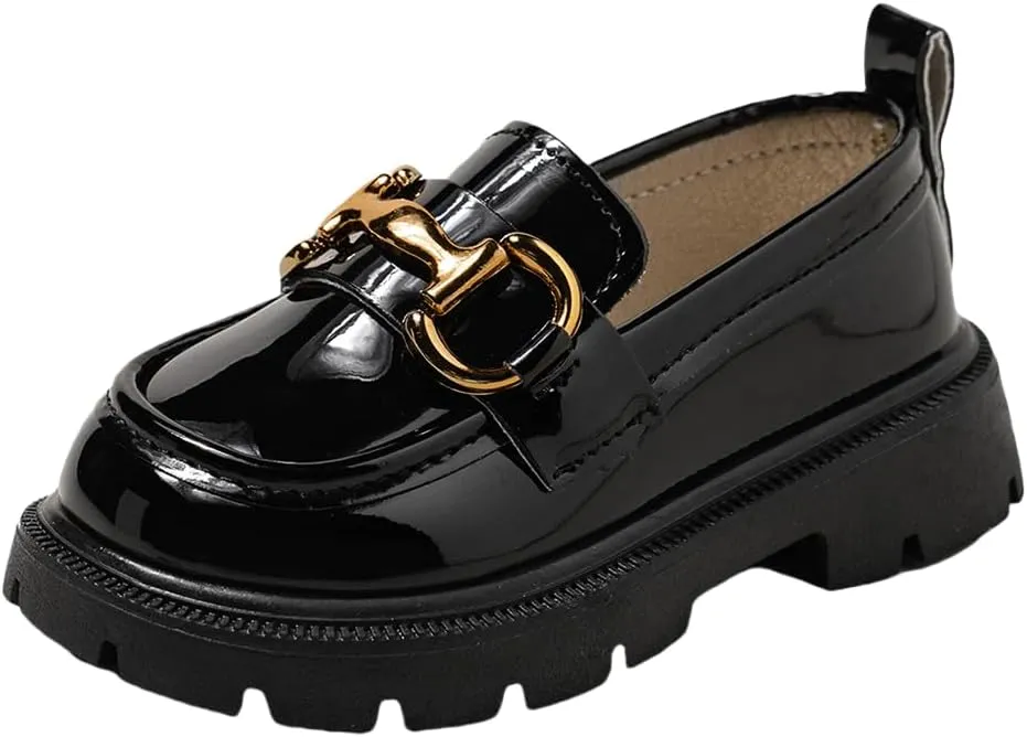 Kids Patent Leather Loafers, Horsebit Buckle Dress Shoes, Black