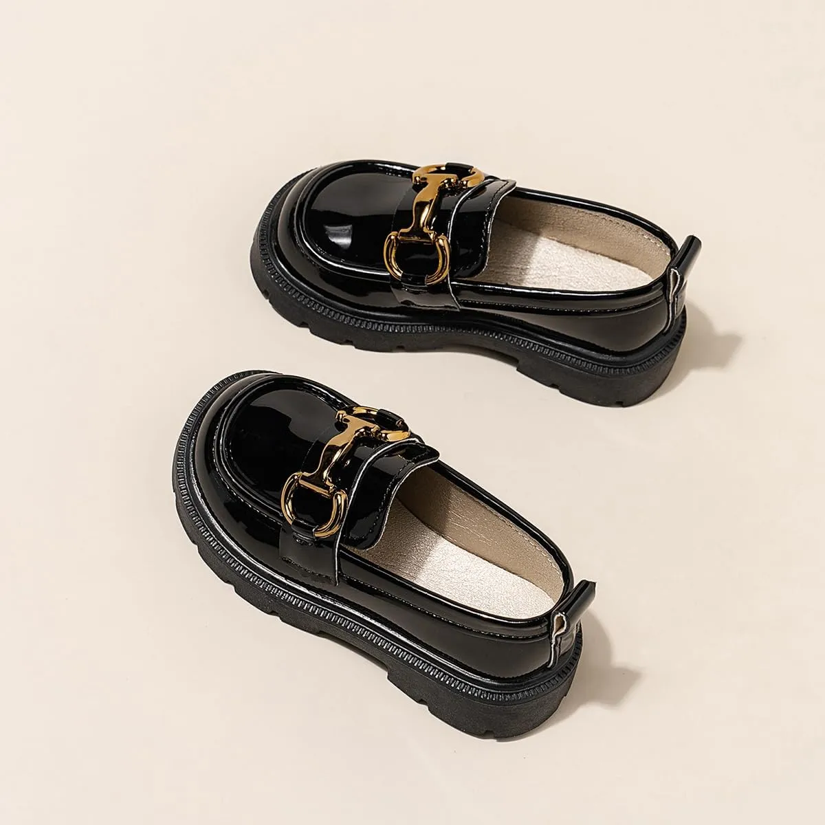 Kids Patent Leather Loafers, Horsebit Buckle Dress Shoes, Black
