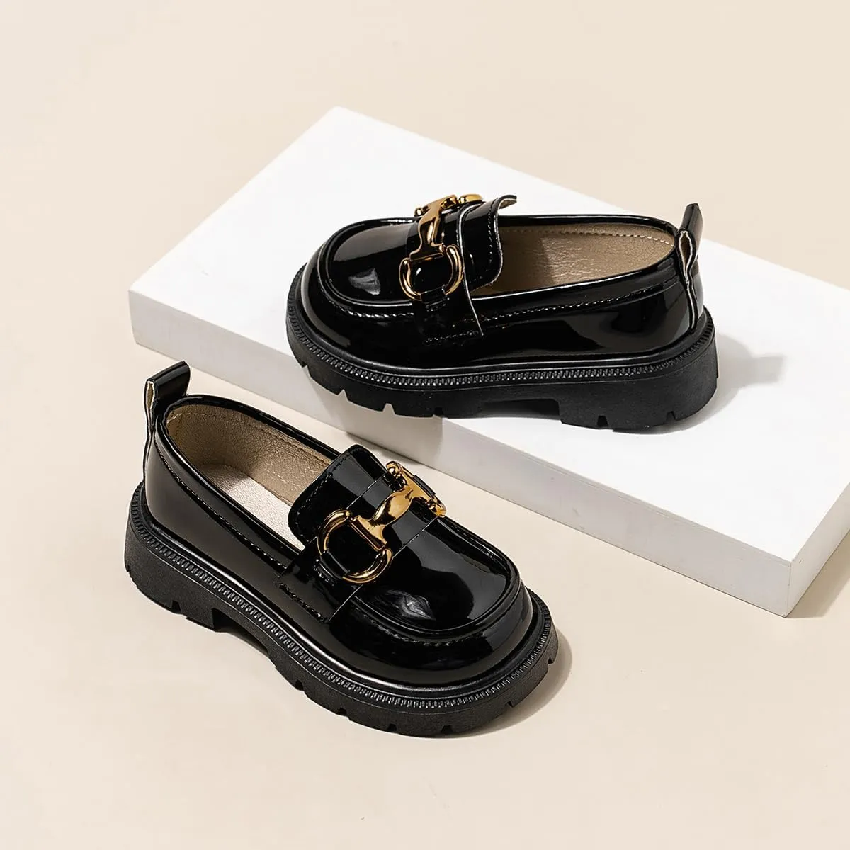 Kids Patent Leather Loafers, Horsebit Buckle Dress Shoes, Black