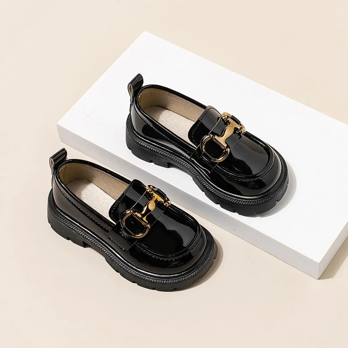 Kids Patent Leather Loafers, Horsebit Buckle Dress Shoes, Black