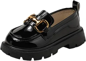 Kids Patent Leather Loafers, Horsebit Buckle Dress Shoes, Black