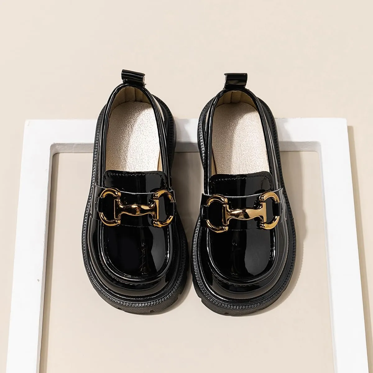 Kids Patent Leather Loafers, Horsebit Buckle Dress Shoes, Black