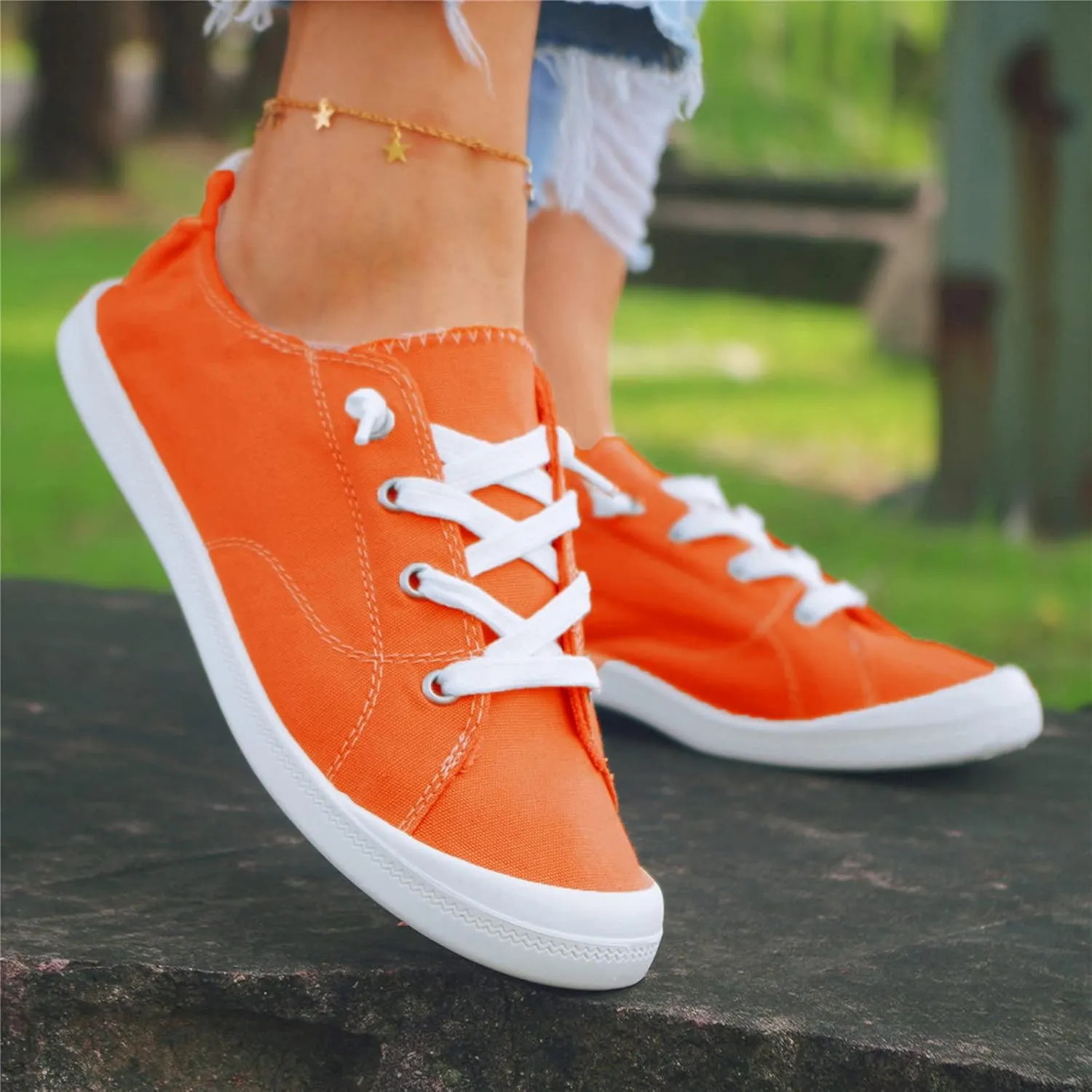 Ladies Canvas Casual Walking Shoes Breathable Non Slip Comfortable Lighweight Sneakers Low Top Slip on Lace up Soft Sole Outdoor Sports Shoes for Women