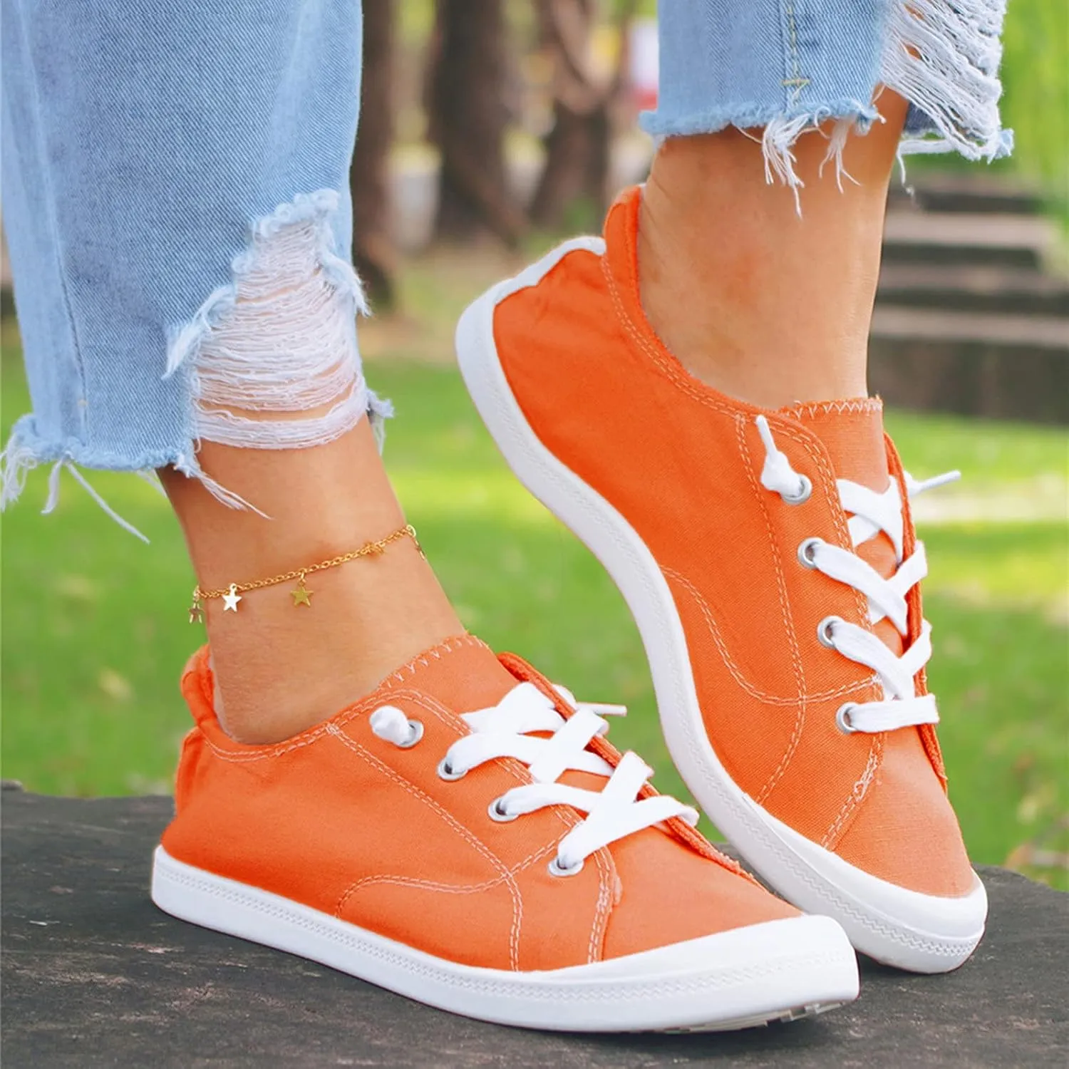 Ladies Canvas Casual Walking Shoes Breathable Non Slip Comfortable Lighweight Sneakers Low Top Slip on Lace up Soft Sole Outdoor Sports Shoes for Women
