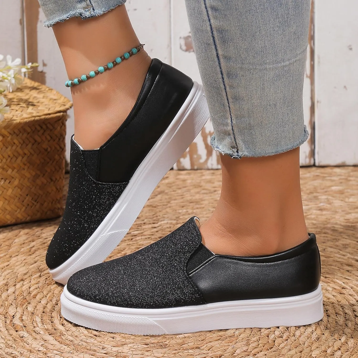 Ladies Rround Toe Elastic Set Foot Flat Bottom Sequins Simple Solid Colour Large Size Rhinestone Wedge Sandals Women