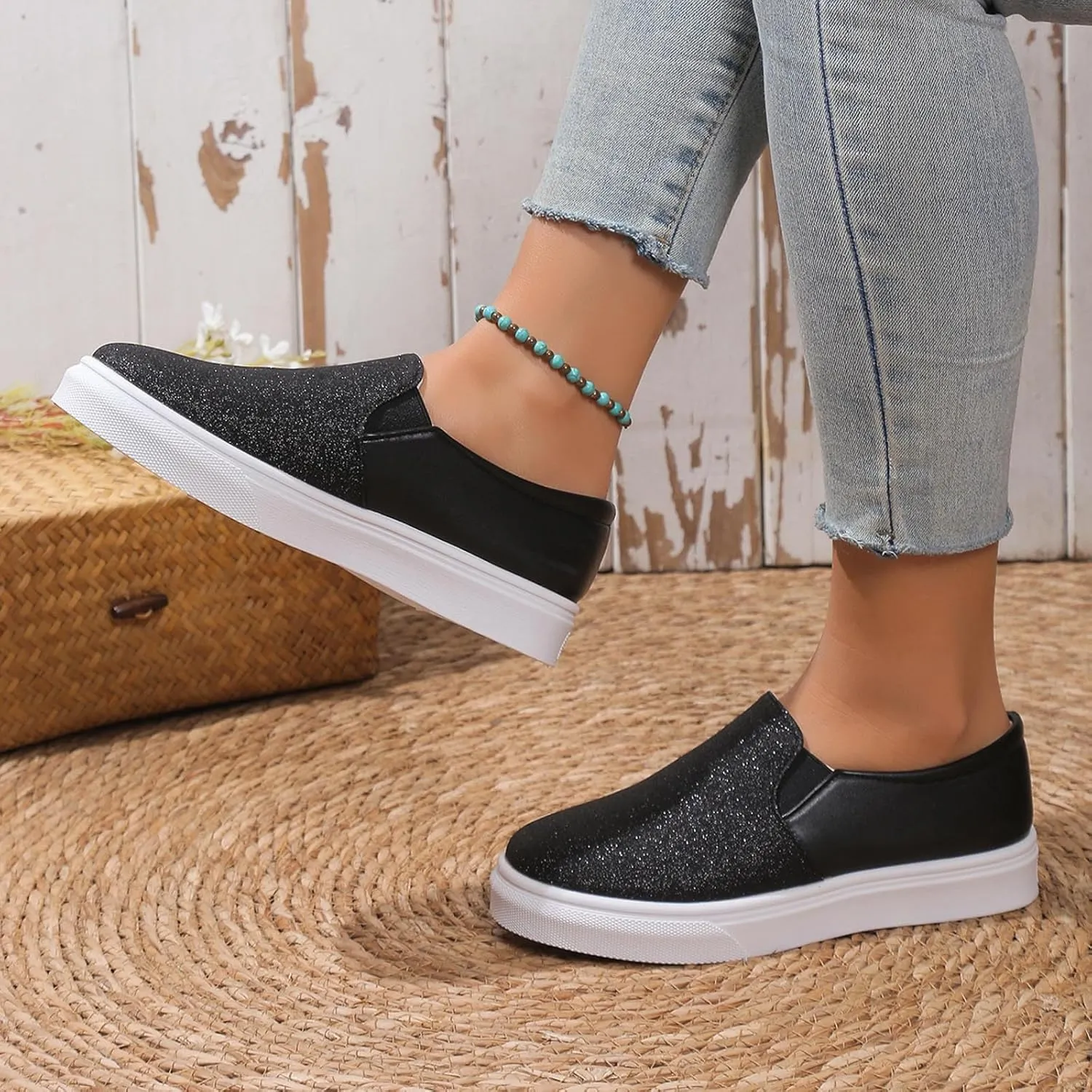 Ladies Rround Toe Elastic Set Foot Flat Bottom Sequins Simple Solid Colour Large Size Rhinestone Wedge Sandals Women