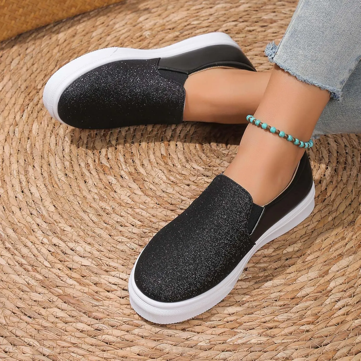 Ladies Rround Toe Elastic Set Foot Flat Bottom Sequins Simple Solid Colour Large Size Rhinestone Wedge Sandals Women