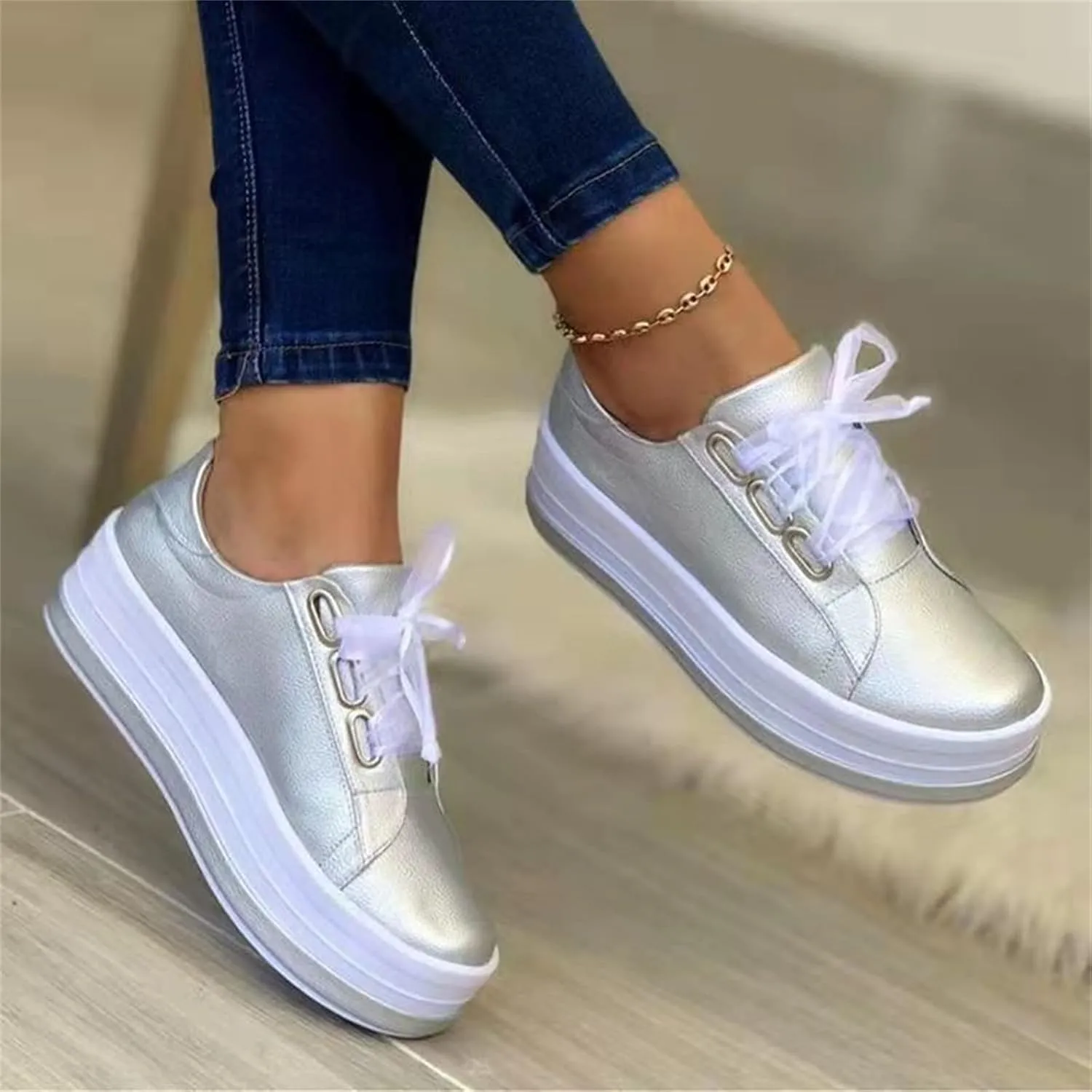 Ladmiple Shoes For Women Sneakers Slip Ons Leather Shoes Fashion Casual Dressy Summer Platform Flats Walking Loafers