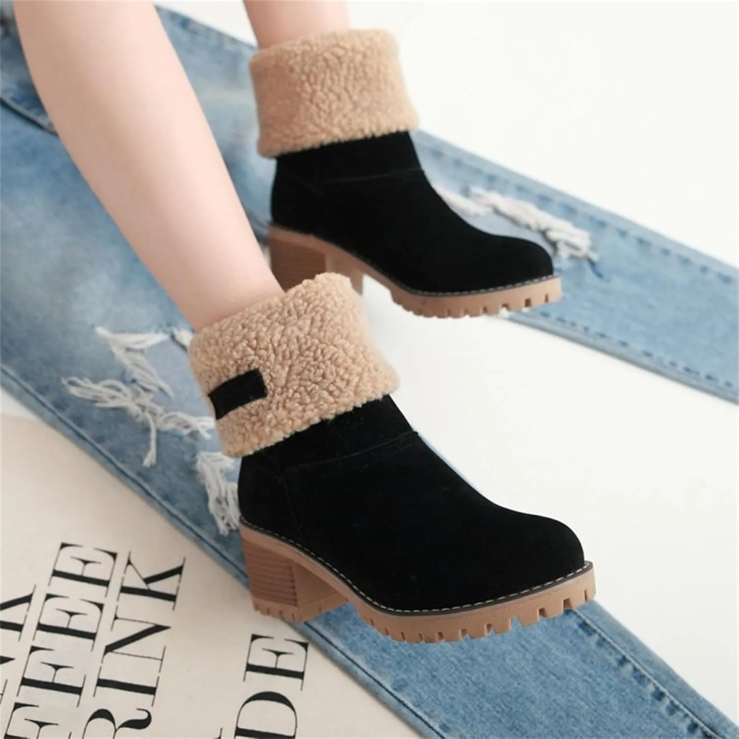 Ladmiple Snow Boots For Women Tall Mid Calf Winter Boots Warm Fashion Fur Lined Thickening Outdoor Comfortable Shoes
