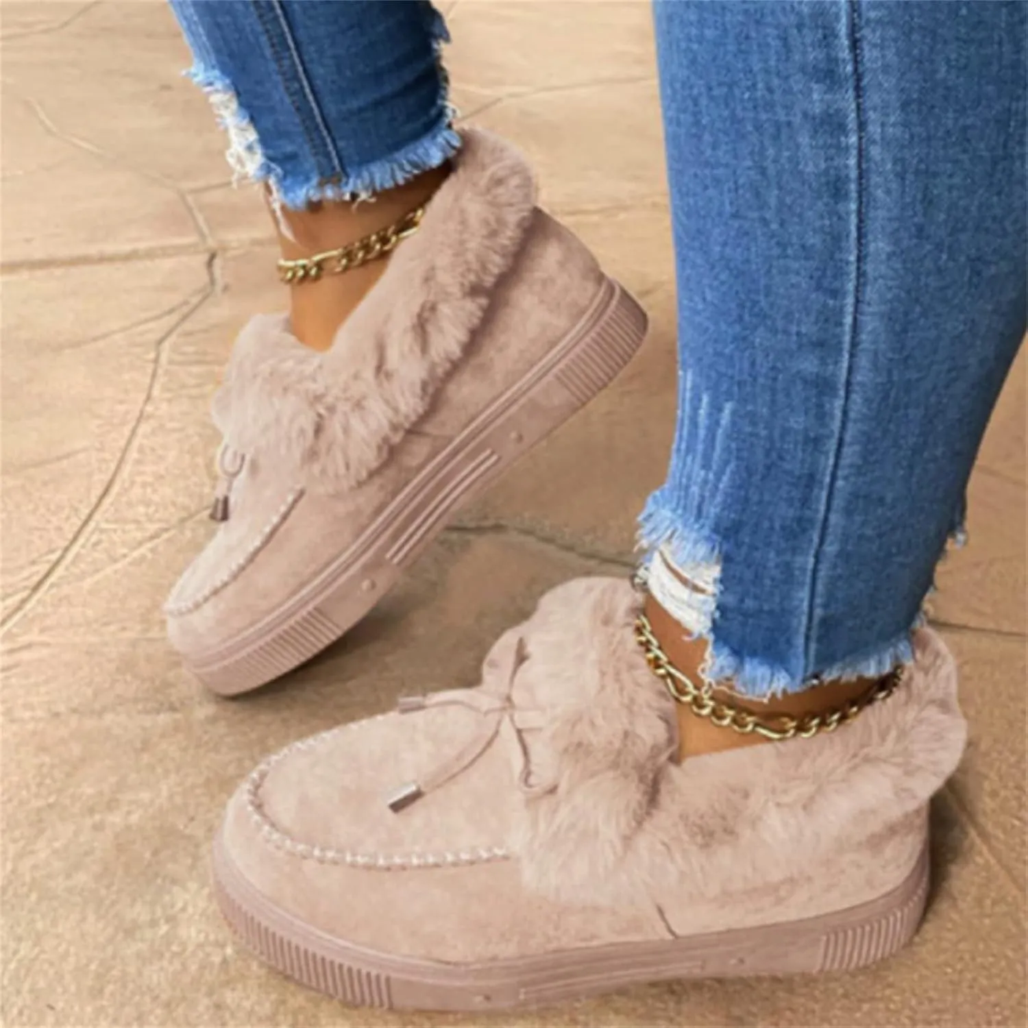 Ladmiple Winter Boots For Women With Fur Lined Casual Slip-on Warm Loafers Shoes Comfort Lightweight Snow Ankle Booties