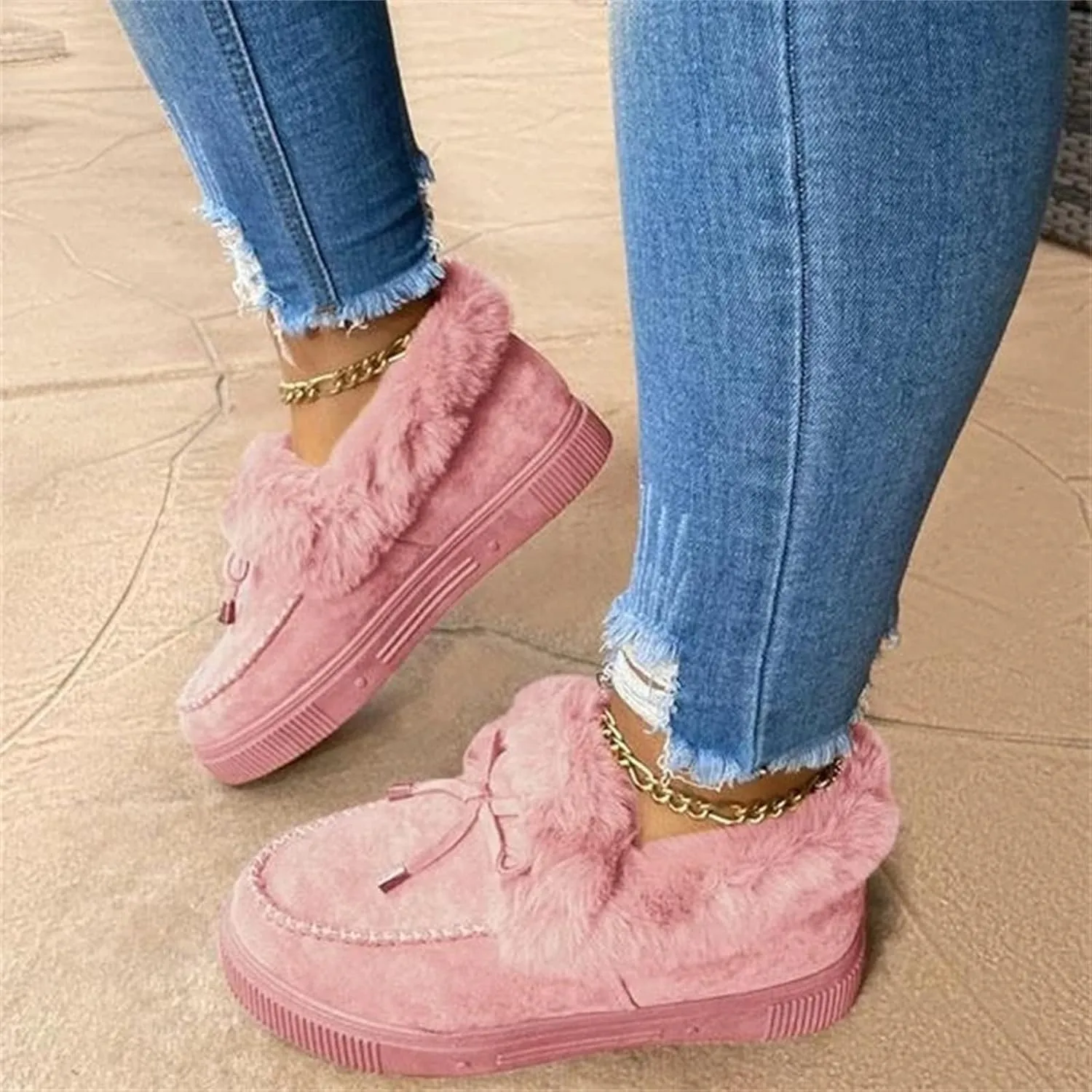 Ladmiple Winter Boots For Women With Fur Lined Casual Slip-on Warm Loafers Shoes Comfort Lightweight Snow Ankle Booties