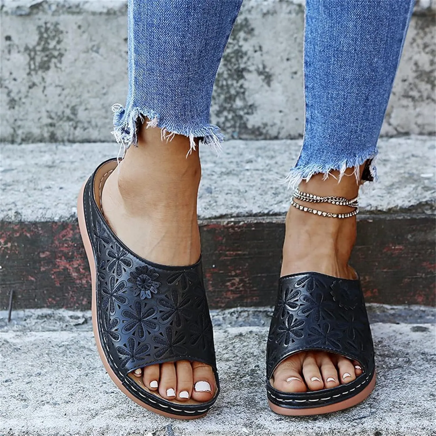 Lausiuoe Sandals Women Dressy Summer Flat Arch Support Fashion Orthotic Slides Athletic Slip On Orthopedic Slippers Flip Flop