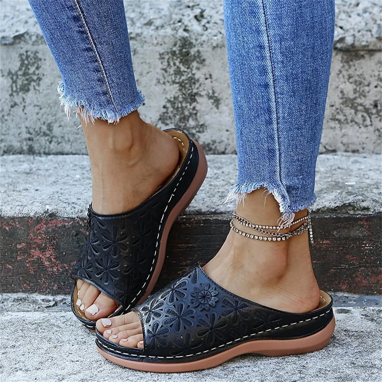 Lausiuoe Sandals Women Dressy Summer Flat Arch Support Fashion Orthotic Slides Athletic Slip On Orthopedic Slippers Flip Flop