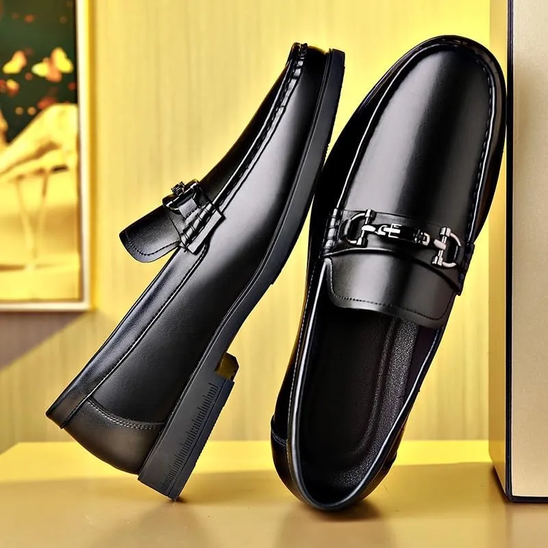Men's Black Patent Leather Platform Dress Shoes Slip-On Flat Horsebit Loafers