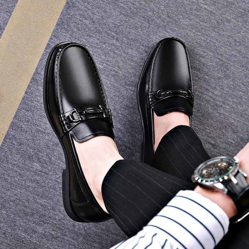 Men's Black Patent Leather Platform Dress Shoes Slip-On Flat Horsebit Loafers