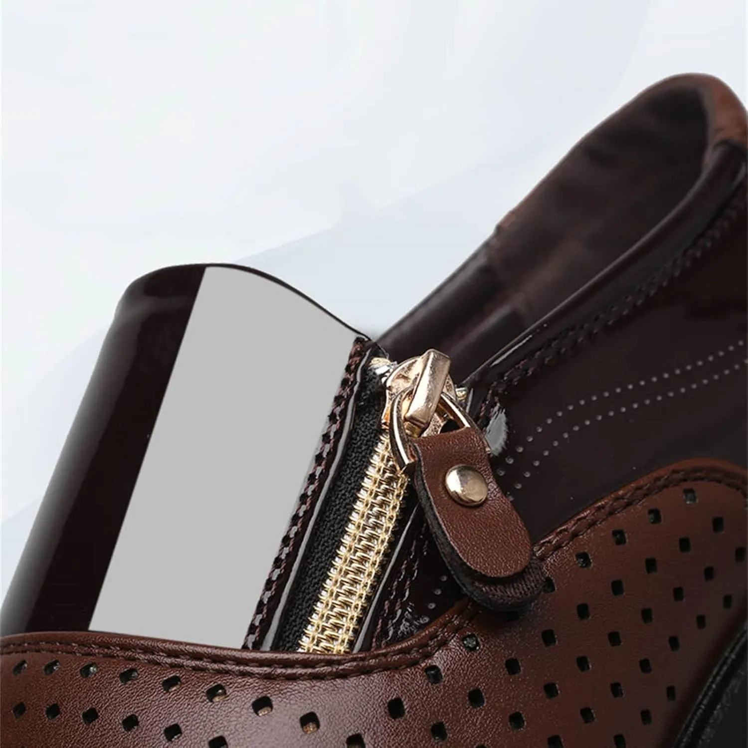 Mens Breathable Leather Shoes Slip on Dress Shoes with Zipper Low Heel Patent Leather Shoe Non Slip Business Formal Shoe Durable Daily Work Office Suit Footwear Arch Support Walking Boots
