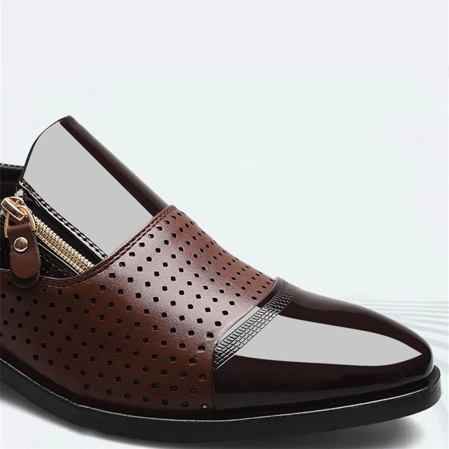 Mens Breathable Leather Shoes Slip on Dress Shoes with Zipper Low Heel Patent Leather Shoe Non Slip Business Formal Shoe Durable Daily Work Office Suit Footwear Arch Support Walking Boots