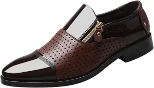 Mens Breathable Leather Shoes Slip on Dress Shoes with Zipper Low Heel Patent Leather Shoe Non Slip Business Formal Shoe Durable Daily Work Office Suit Footwear Arch Support Walking Boots