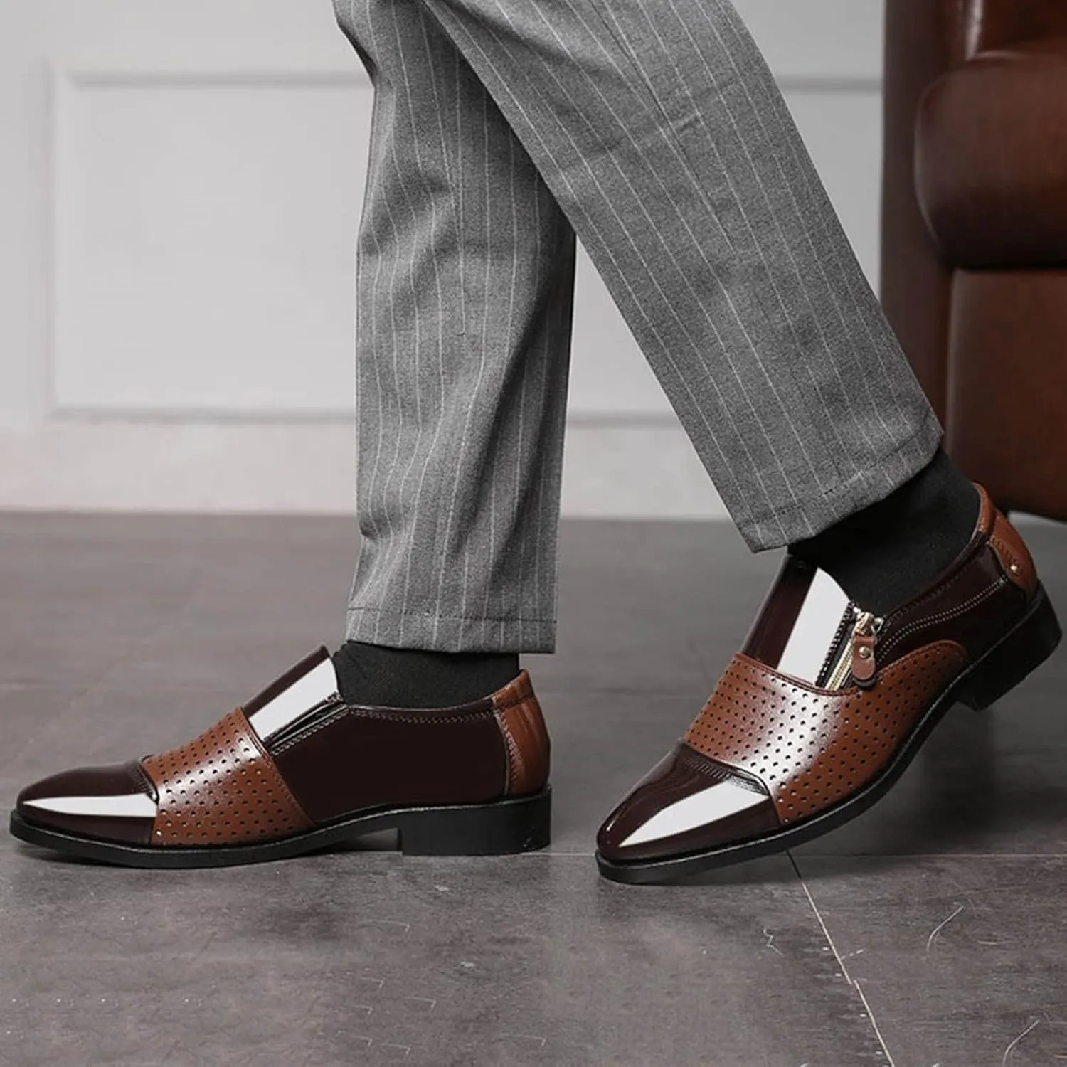 Mens Breathable Leather Shoes Slip on Dress Shoes with Zipper Low Heel Patent Leather Shoe Non Slip Business Formal Shoe Durable Daily Work Office Suit Footwear Arch Support Walking Boots