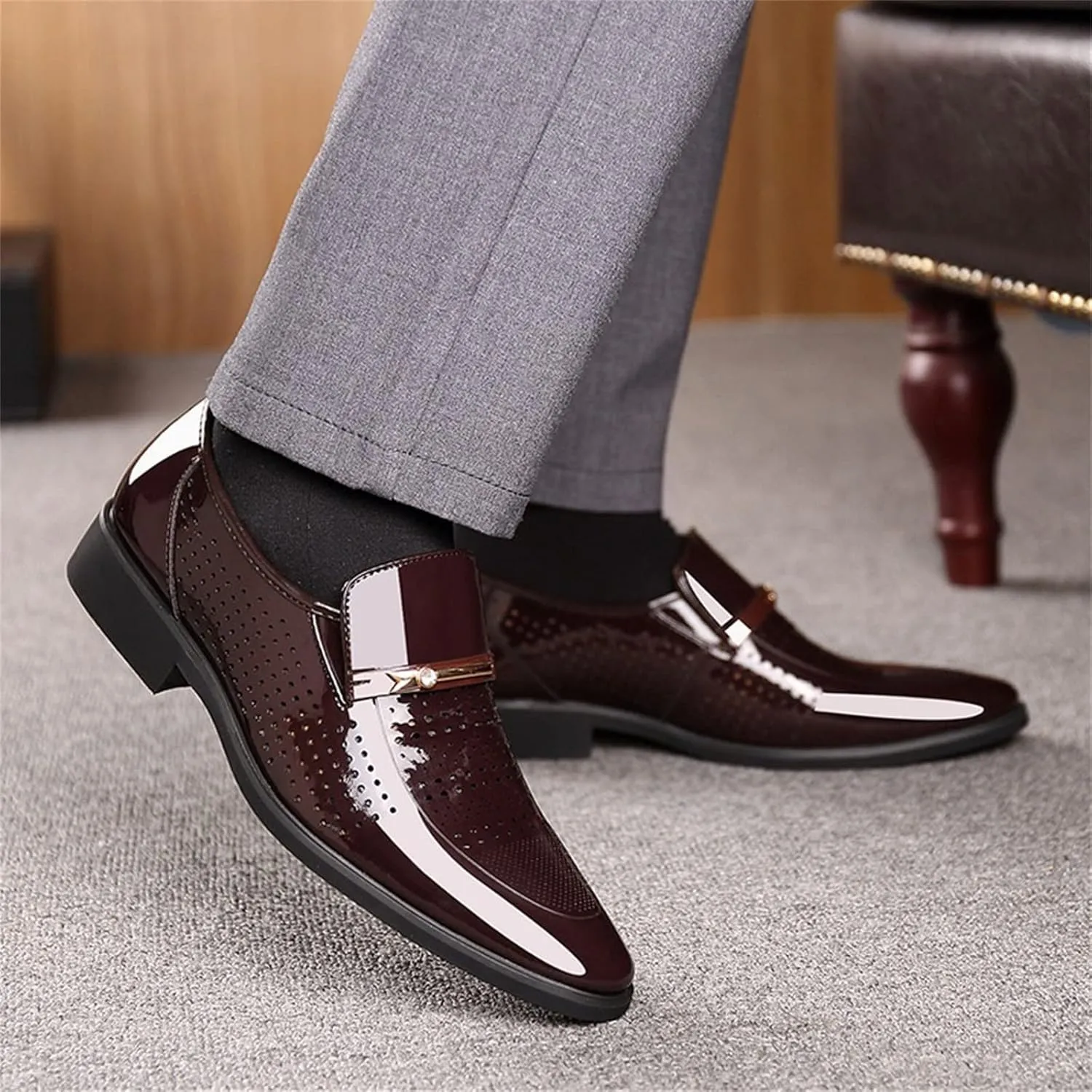Men's Dress Shoes Loafers Wide Width Classic Style Mens Shoes Fashion Hollow Out Metal Strip Decoration Business Casual Leather Shoes Comfortable Business Casual Shoes Wide Mens
