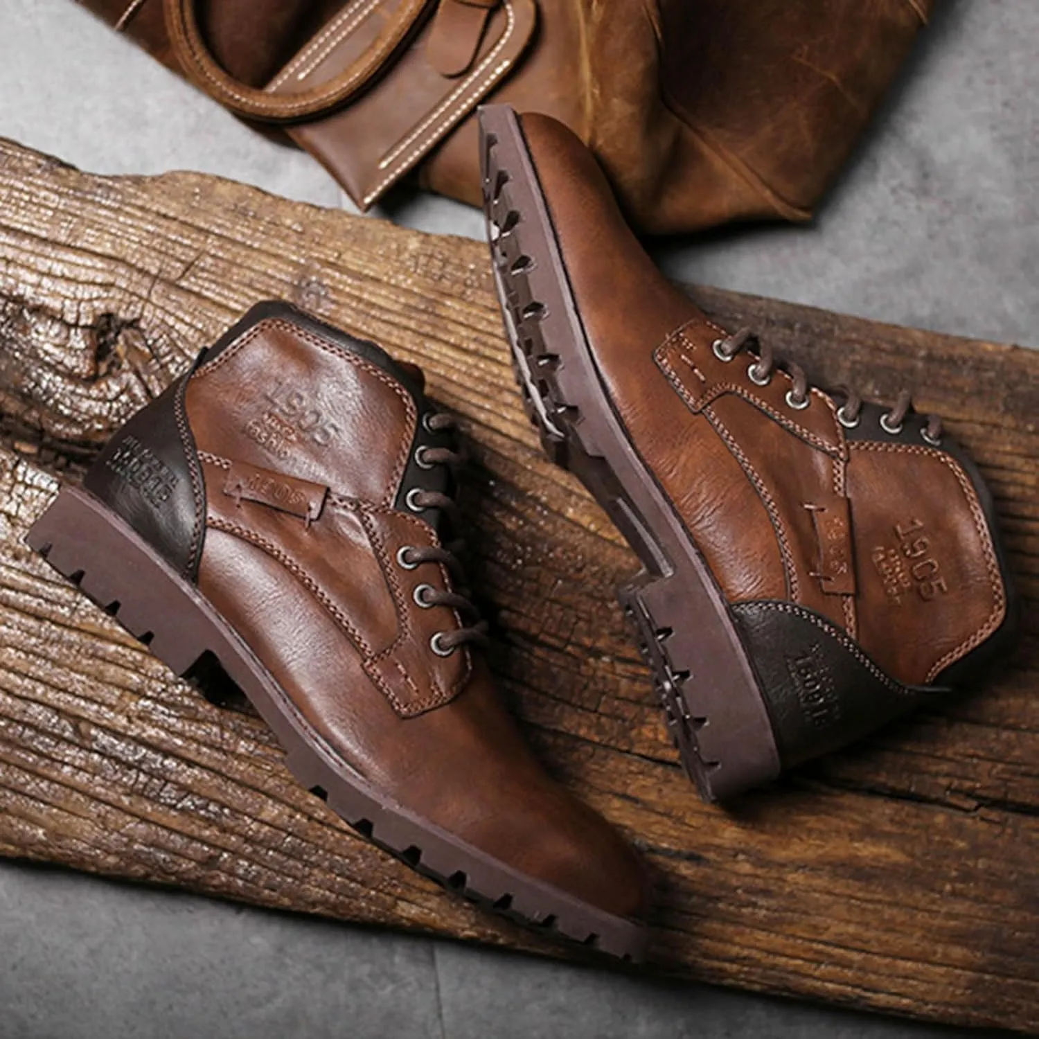 Mens High Top Leather Shoes Non Slip Waterproof Dress Boots Supple Business Formal Boots Lace Up Leather Sneakers Durable Casual Boot for Men with Non Slip Comfort Sole