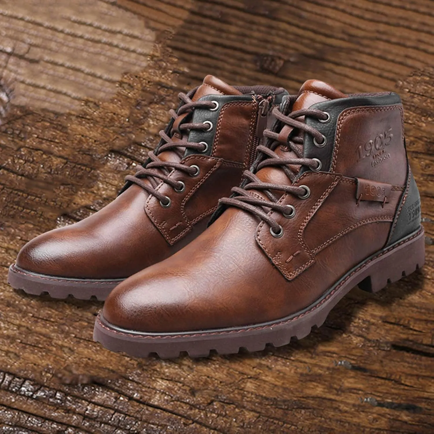 Mens High Top Leather Shoes Non Slip Waterproof Dress Boots Supple Business Formal Boots Lace Up Leather Sneakers Durable Casual Boot for Men with Non Slip Comfort Sole
