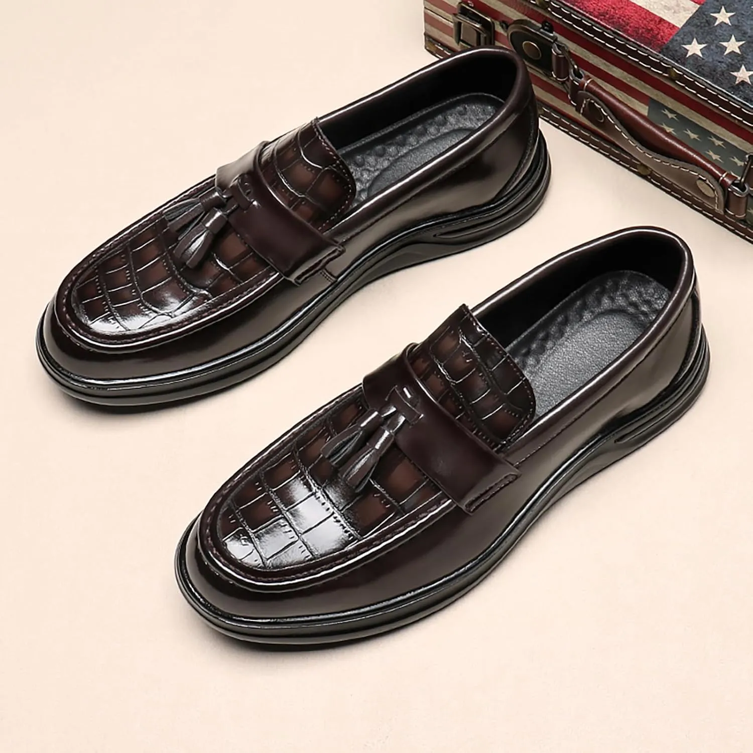 Men's Loafers Casual PU Leather Slip-On Oxfords Driving Shoes Dress Soft Comfortable & Light-Weight Black Brown