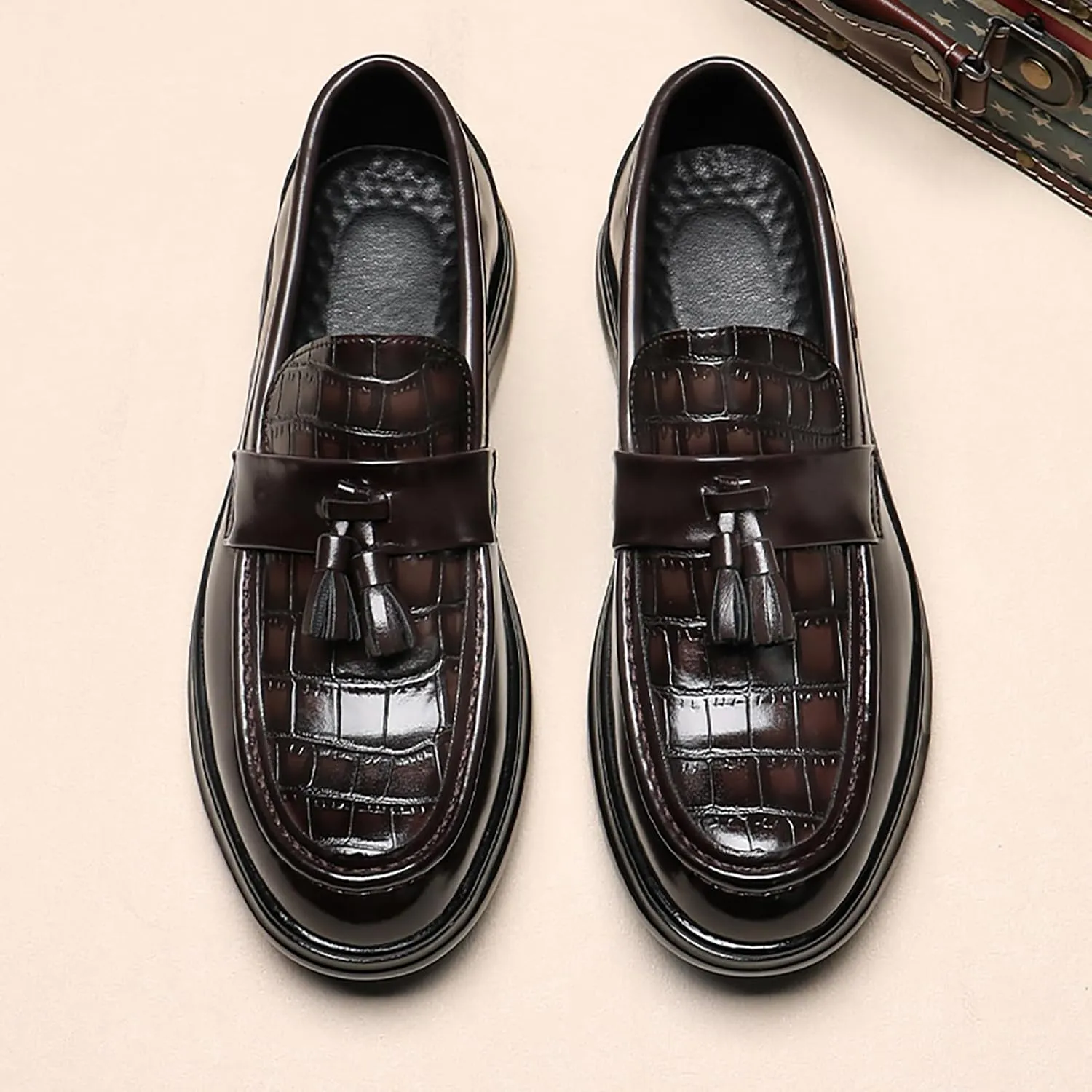 Men's Loafers Casual PU Leather Slip-On Oxfords Driving Shoes Dress Soft Comfortable & Light-Weight Black Brown