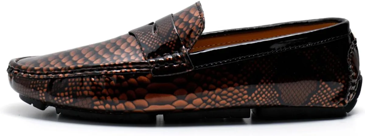 Men's Slip-On Flats Driving Loafers with Snake Print Outdoor Leather Shoes