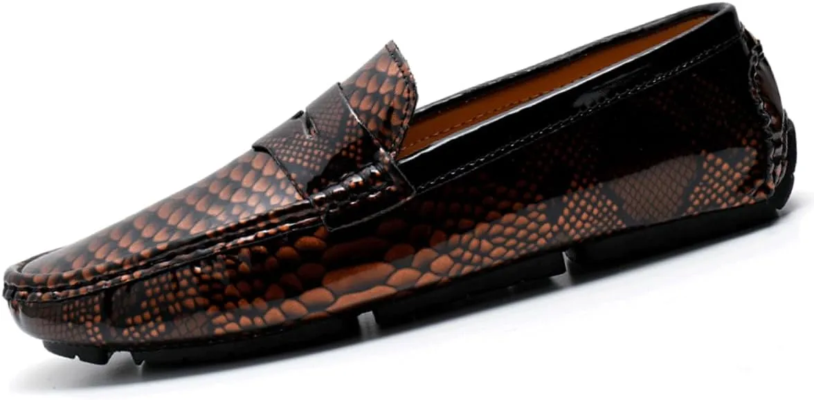 Men's Slip-On Flats Driving Loafers with Snake Print Outdoor Leather Shoes