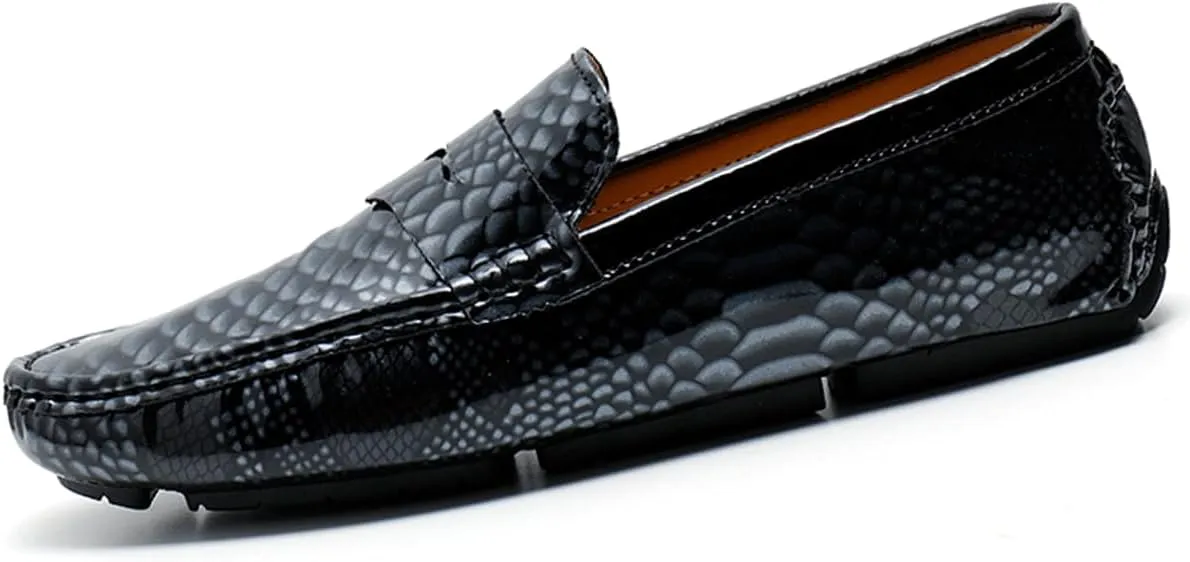 Men's Slip-On Flats Driving Loafers with Snake Print Outdoor Leather Shoes