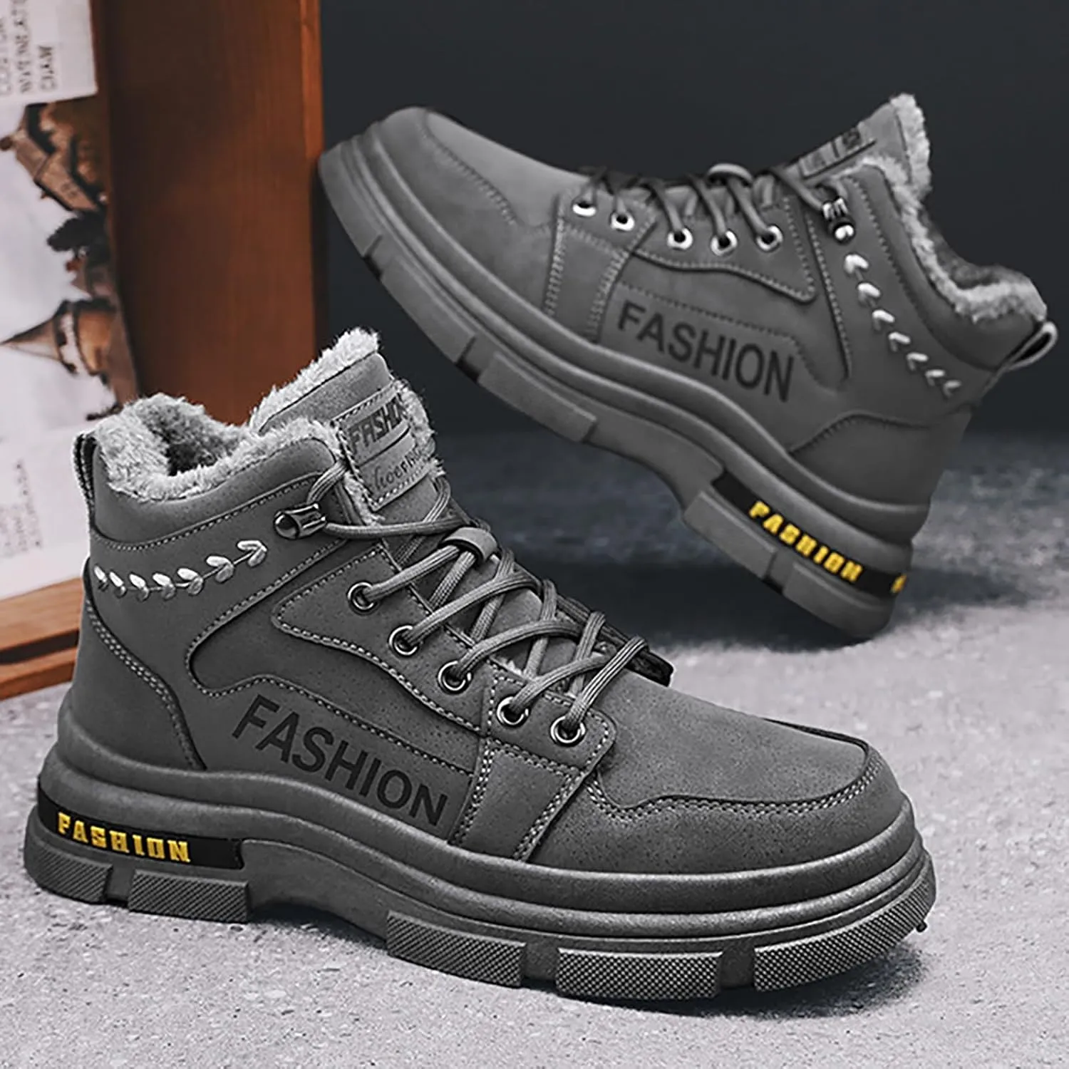 Mens Work Boots Wide Width Hiking Sneakers Zip Up Fur Lined Womens Workout Shoes with Zipper Waterproof Platform Botas Slip Resistant Hike Grounded Footwear
