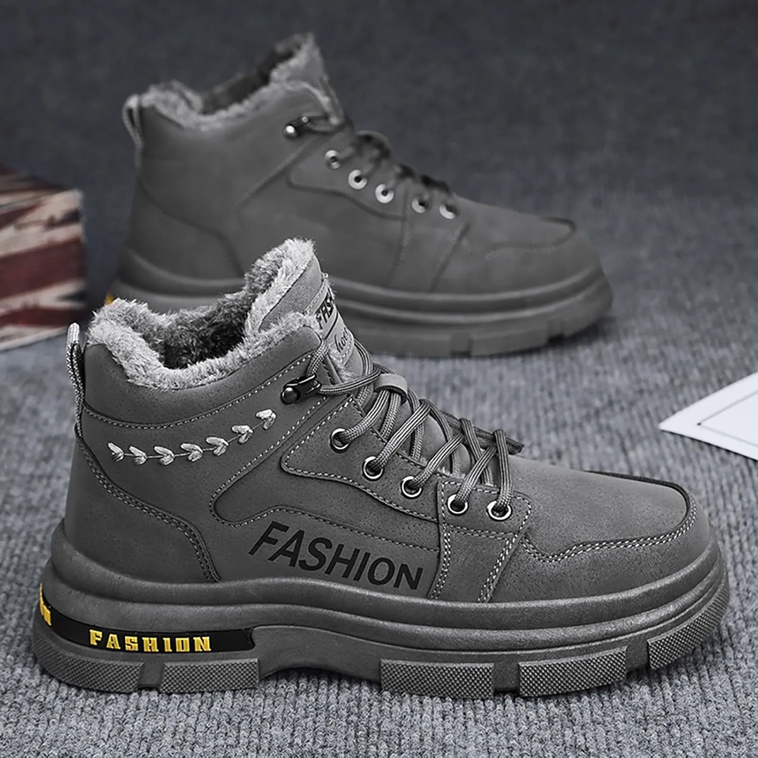 Mens Work Boots Wide Width Hiking Sneakers Zip Up Fur Lined Womens Workout Shoes with Zipper Waterproof Platform Botas Slip Resistant Hike Grounded Footwear