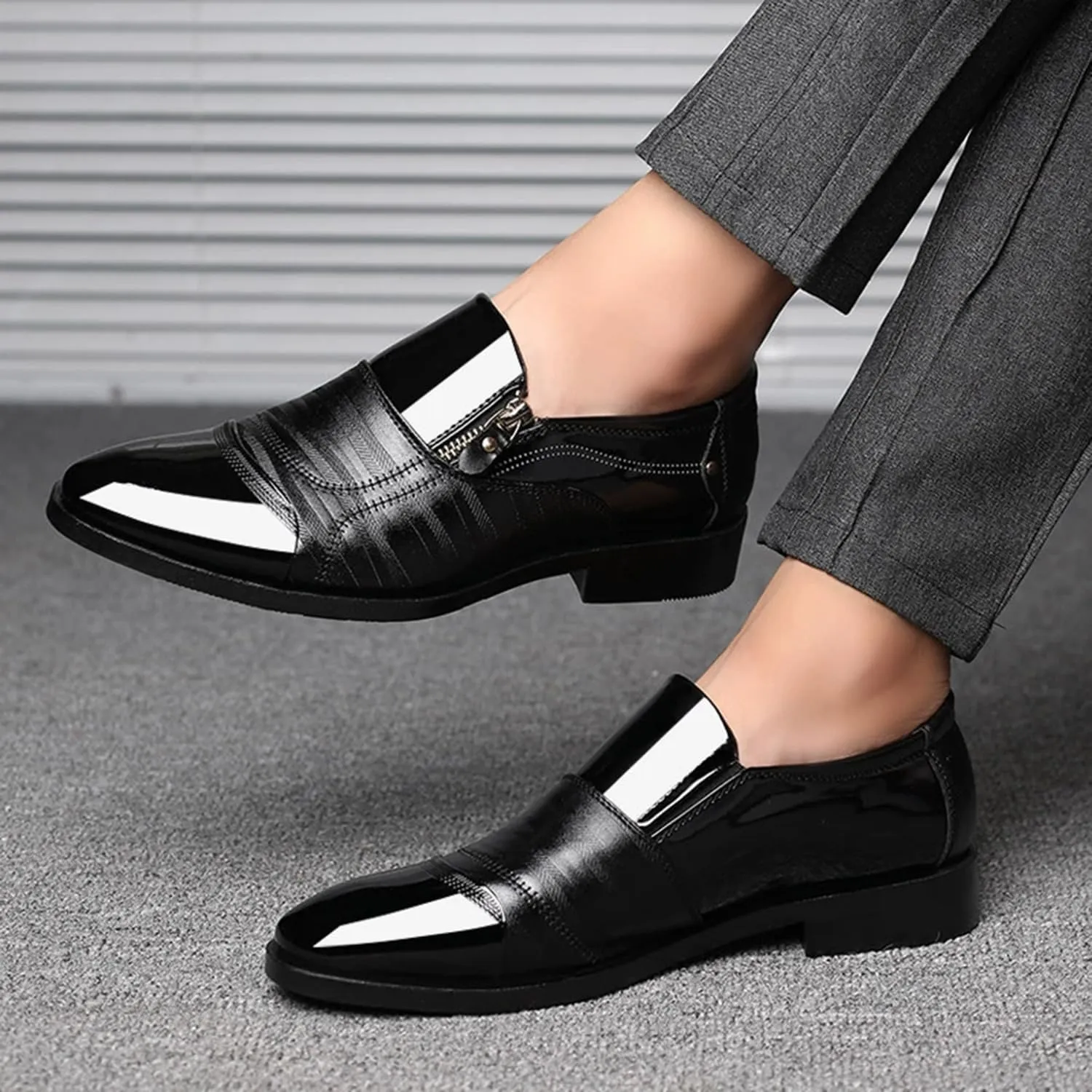 Men's Zipper Dress Shoes Patent Leather Loafers Classic Moccasins Oxford Formal Business Tuxedo Shoes