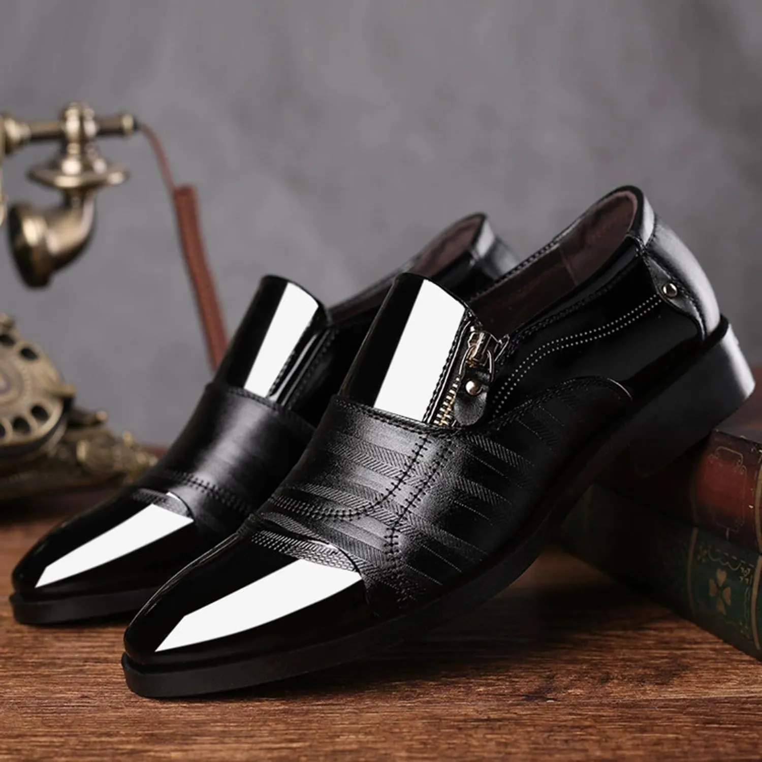 Men's Zipper Dress Shoes Patent Leather Loafers Classic Moccasins Oxford Formal Business Tuxedo Shoes