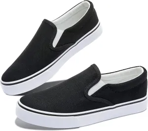 Obtaom Women's White Sneakers Black Slip on Shoes for Women Low Top Canvas Loafers