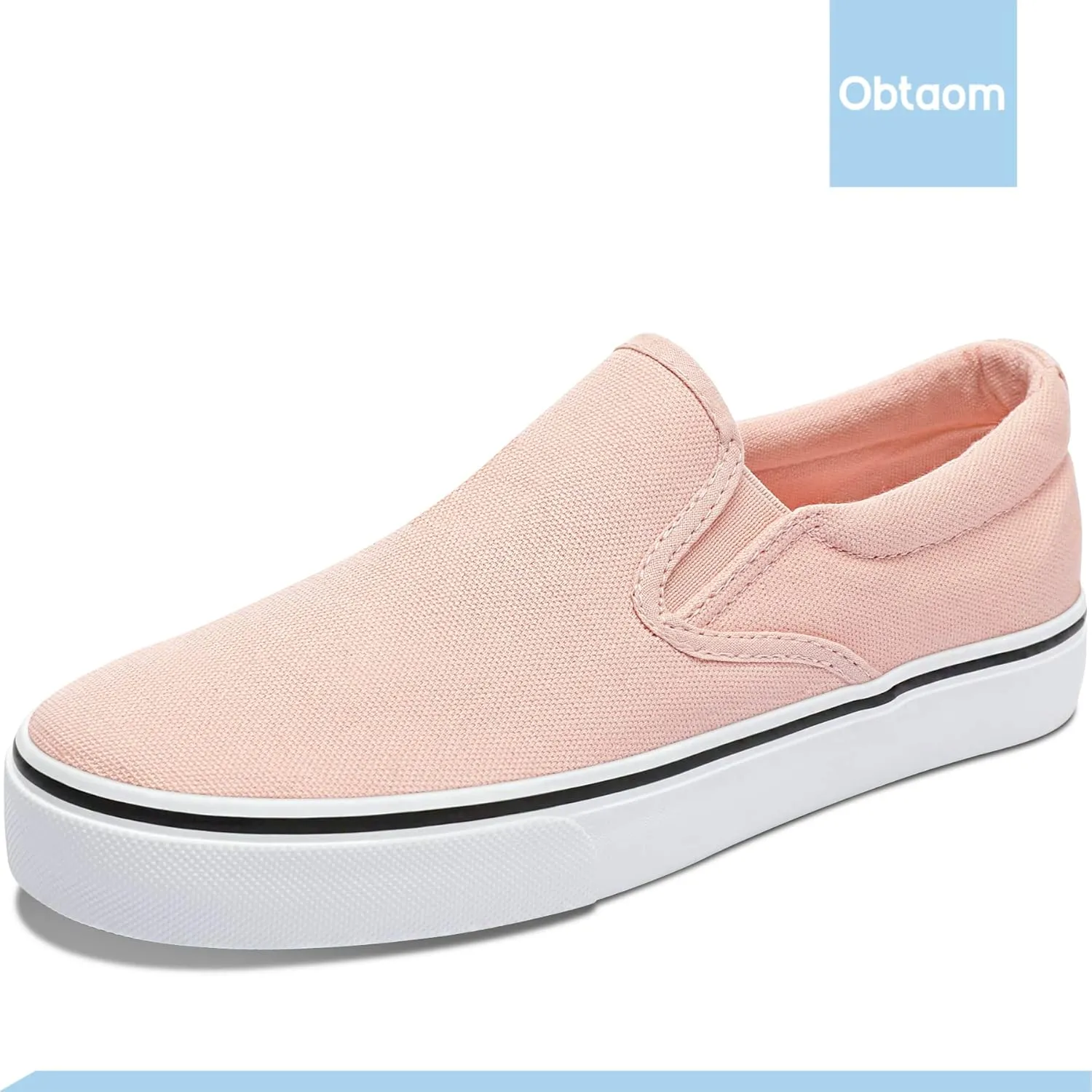 Obtaom Women's White Sneakers Black Slip on Shoes for Women Low Top Canvas Loafers