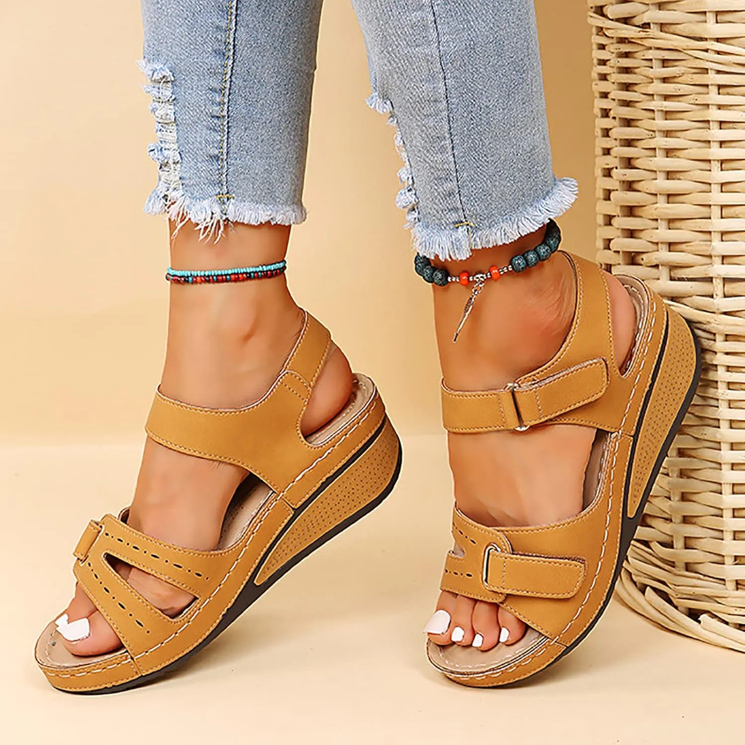 Orthopedic Sandals for Women Plantar Fasciitis Hook and Loop Flat Sandals Summer Outdoor Arch Support Massage Sandals