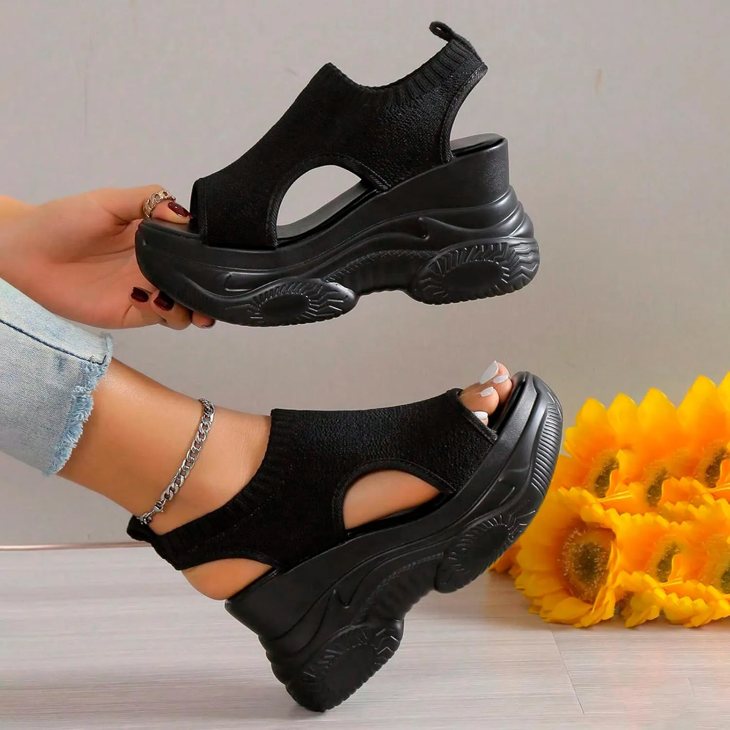 Paneled Cutout Lace-Up Muffin Sandals for Women Summer Peep Toe Platform Sandals Mesh Wedges Causal Comfy Sports Sandals