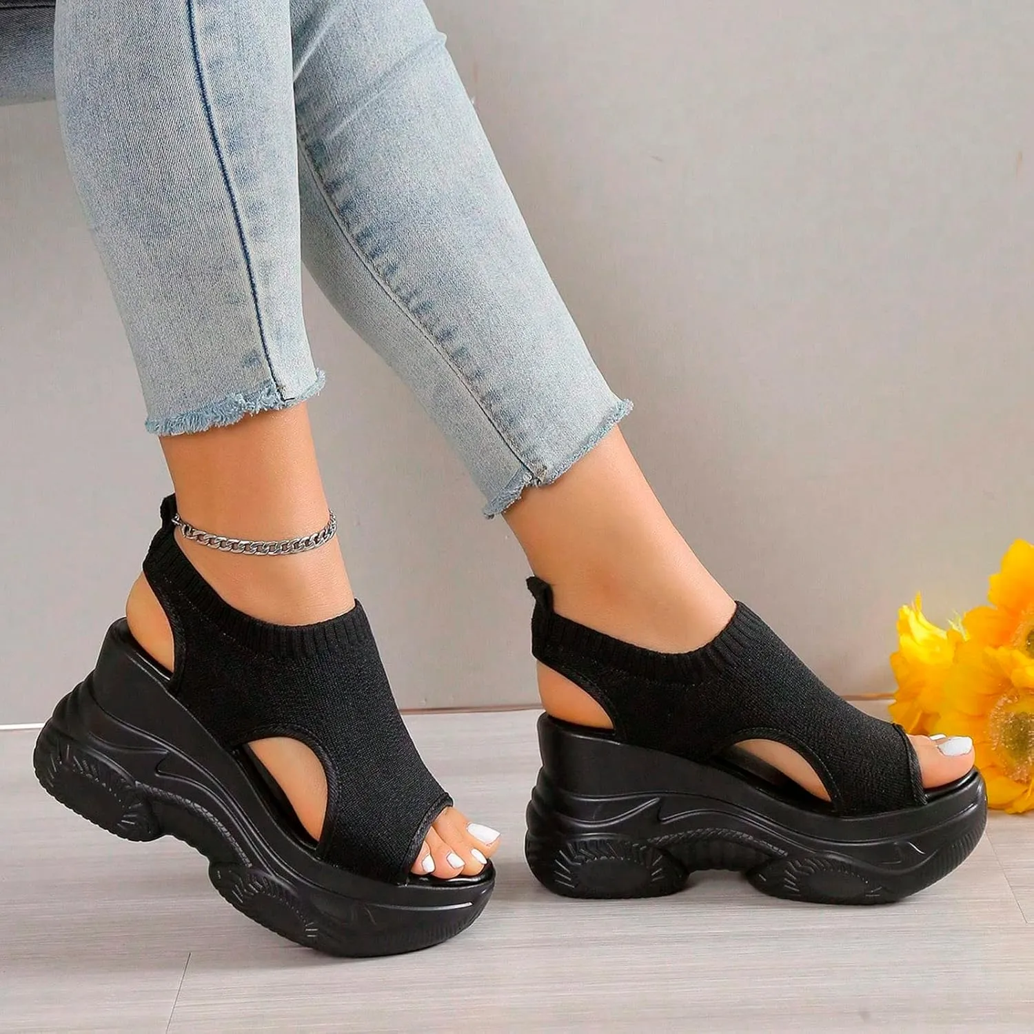 Paneled Cutout Lace-Up Muffin Sandals for Women Summer Peep Toe Platform Sandals Mesh Wedges Causal Comfy Sports Sandals