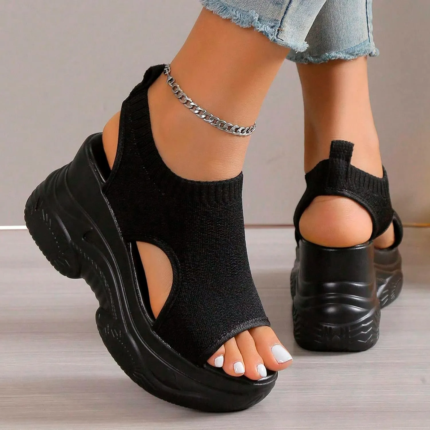 Paneled Cutout Lace-Up Muffin Sandals for Women Summer Peep Toe Platform Sandals Mesh Wedges Causal Comfy Sports Sandals