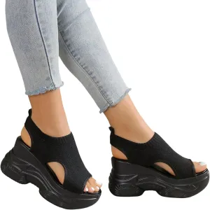 Paneled Cutout Lace-Up Muffin Sandals for Women Summer Peep Toe Platform Sandals Mesh Wedges Causal Comfy Sports Sandals