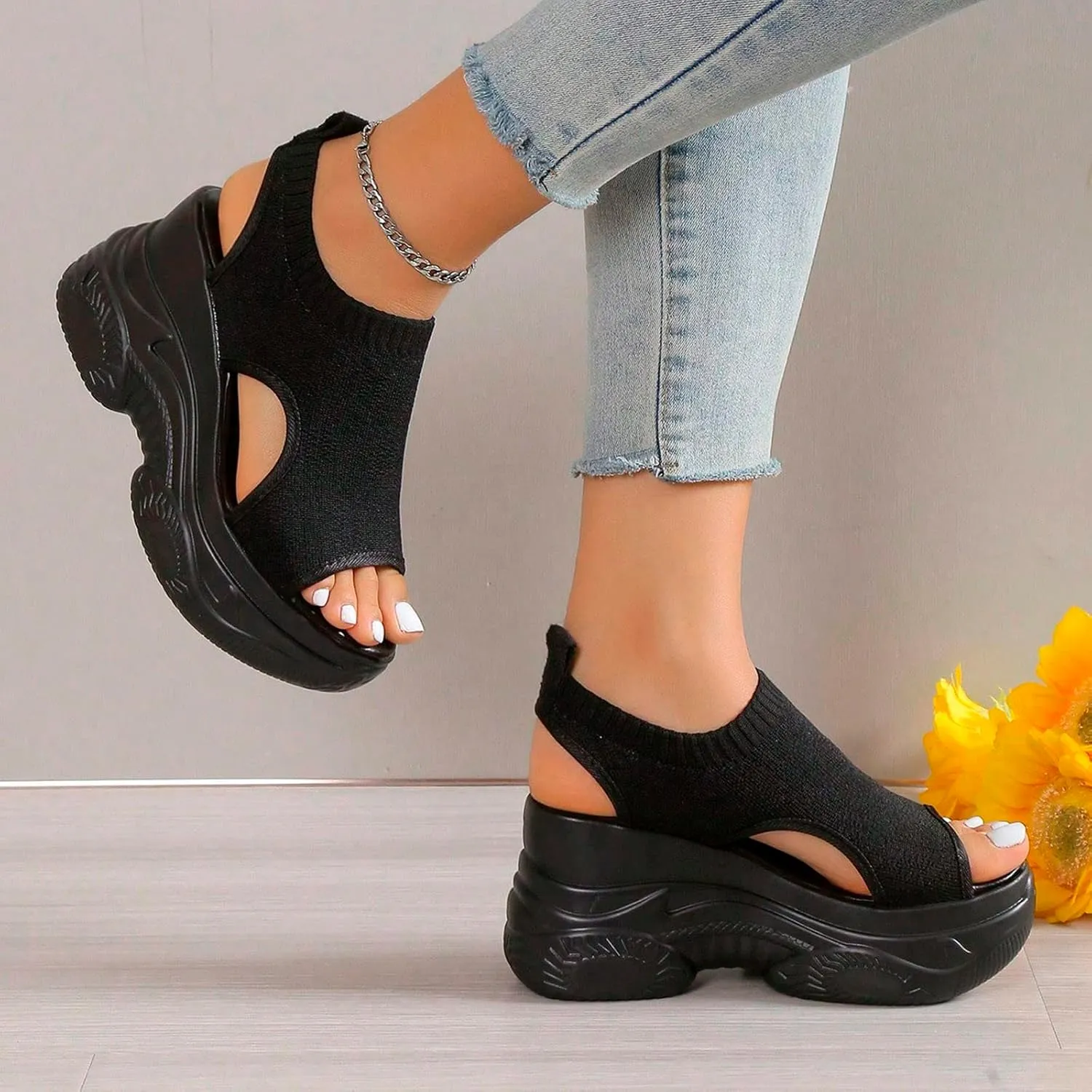 Paneled Cutout Lace-Up Muffin Sandals for Women Summer Peep Toe Platform Sandals Mesh Wedges Causal Comfy Sports Sandals